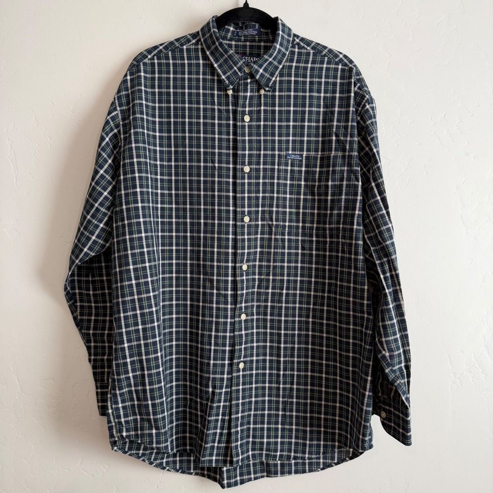 Chaps Ralph Lauren Mens Plaid Button Down Shirt Navy Green Size L Long Sleeve